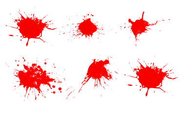 Six vibrant red abstract shapes and forms displaying energetic brushstroke textures and artistic splatter effects