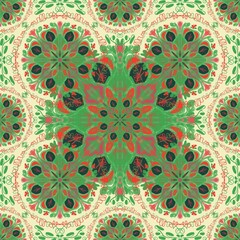 Use green, red curves,painted create to flower shape,leaves with yellow background in geometric patterns as sarong,fabric,tile,printed fabric,batik,tablecloth patterns.