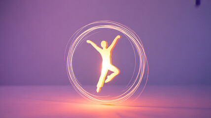 Glowing silhouette of a dancer in mid-leap surrounded by circular light trails against a soft purple background