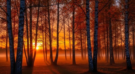Majestic Sunset in a Misty Autumn Forest.