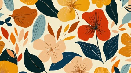 A whimsical and artistic seamless pattern featuring stylized flowers and leaves in a warm, earthy color palette of orange, yellow, and deep blue