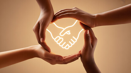 Four hands forming a circle with a glowing handshake symbol in the center