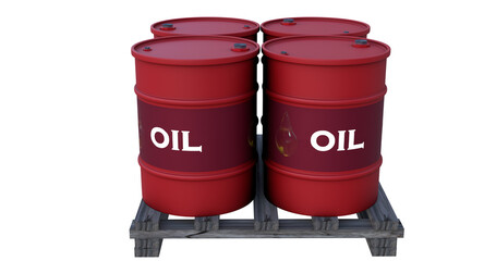 Red Oil Barrels with Labels on Wooden Pallet &ndash; Industrial Petroleum Storage
