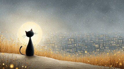 Black cat silhouette watching glowing city lights and full moon