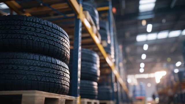 Close-up of tire stacks on steel racks in a softly lit warehouse, highlighting rubber textures and tread details.