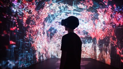 Person in vr experience immersive digital tunnel