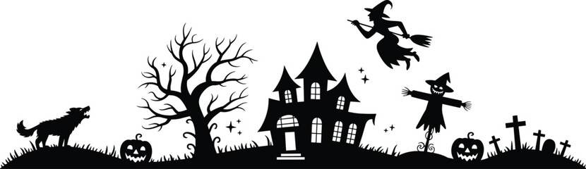 Halloween haunted house silhouette, spooky night scene, flying witch, scary graveyard, pumpkin lanterns, dark tree, horror holiday design, celebration illustration
