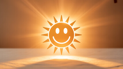 A smiling sun illustration with radiant light beams projected onto a surface, creating a warm and cheerful atmosphere.