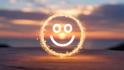 A glowing smiley face made of sparklers at sunset on a beach