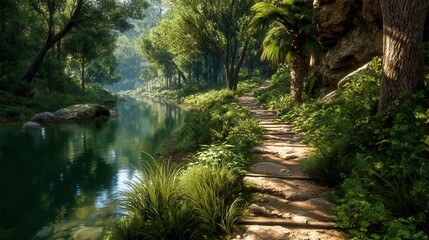 Pathway Along River in a Lush Green Forest