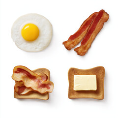 High-resolution cutout set: fried egg, bacon strip, toast slice & butter pat, isolated on transparent background
