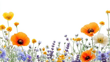 A colorful border of poppies, lavender, and other wildflowers against a clean white background, isolated on white background