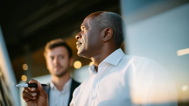 A dynamic creative meeting unfolds as a Black man writes boldly on a whiteboard, with sunlight streaming through glass partitions.