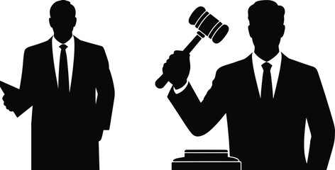 Judge silhouette with gavel, lawyer holding file, legal justice system, court authority, law concept, courtroom decision, legal profession illustration