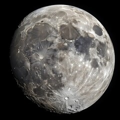 A realistic close-up of the moon showing detailed craters and textures under bright light