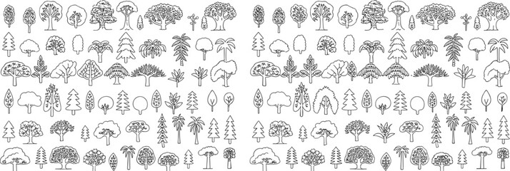 Large collection of tree illustrations, hand drawn forest elements, black and white tree sketches, botanical foliage outline, vector nature design set