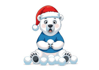 Surprised Polar Bear Cub in Santa Hat Blue Shirt Holding Snowball.