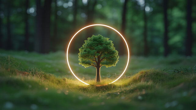 A solitary tree illuminated by a glowing circular light in a forest clearing