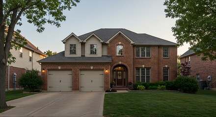 Plainfield il usa - september 15 2020: a beautiful brick two story house with a three car garage arch doorway and brick landscaping.