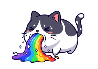 Cute Cartoon Cat Vomiting a Rainbow.