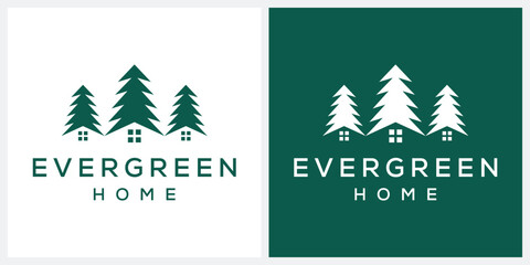 wooden house with pine trees in an outdoor forest logo design