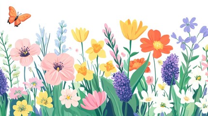 A vibrant border of colorful spring flowers and a butterfly in flight, isolated on a white background