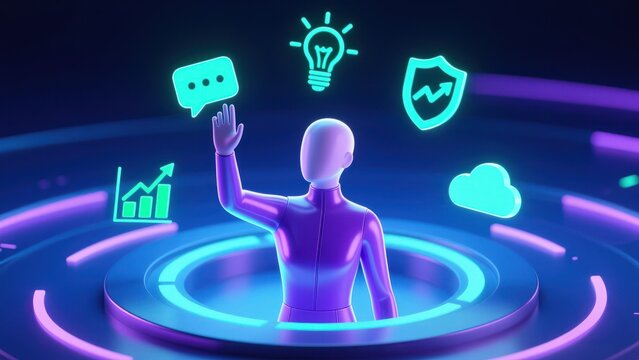 A glowing humanoid figure with floating colorful holographic icons of digital marketing and target audience, target marketing