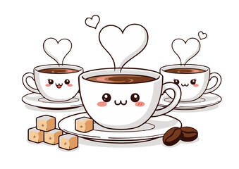 Three Kawaii Coffee Cups with Heart-Shaped Steam Smiling Faces and Sugar Cubes.