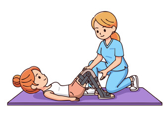 Physical Therapist Assisting Patient with Knee Brace During Exercise.