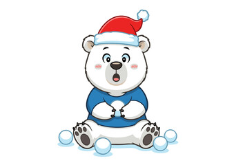 Cartoon Polar Bear with Santa Hat and Snowballs Surprised Expression.