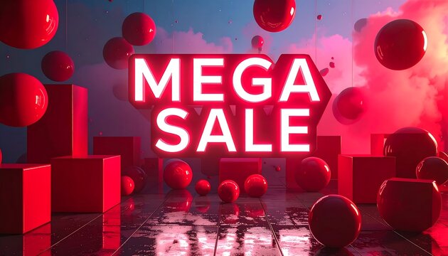 "Mega Sale" neon sign surrounded by red spheres and cubes against a dreamy, colorful, and slightly smoky background.