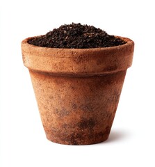 Terracotta pot filled with dark soil, isolated on white