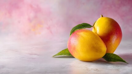 Two ripe mangoes with green leaves on a light textured surface against a soft pink background