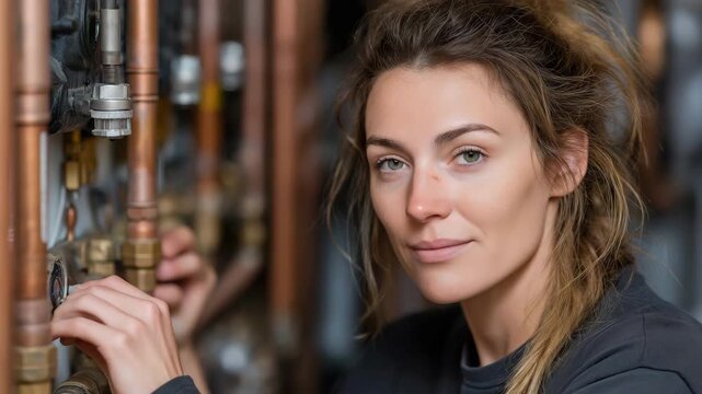 Working on the central heating boiler is a female plumber.