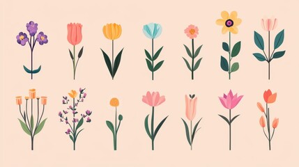 A collection of flat design illustrations of various spring flowers and plants arranged in rows on a light peach background