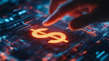 A finger touches a glowing dollar sign on a futuristic interface - Powered by Adobe