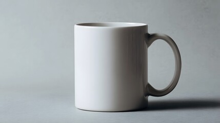 Fototapeta premium A simple clean white ceramic mug on a neutral gray studio background with soft lighting and copy space