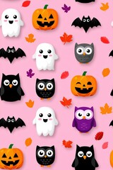 Naklejka premium Whimsical Halloween Patterns with Ghosts, Pumpkins and Bats