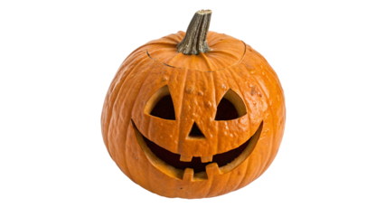 Carved pumpkin with smiling face displayed for Halloween celebration in autumn setting isolated on transparent background