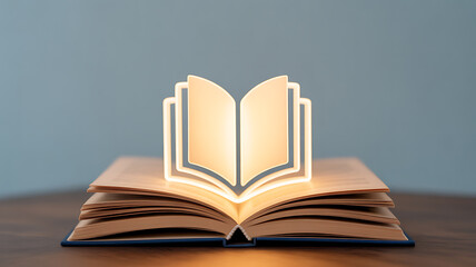 An open book with a glowing, illuminated book icon hovering above it on a wooden surface