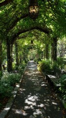 Obraz premium Shaded garden walkway with vine arch and benches