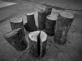 Someone put several wooden blocks on the old concrete platform, they are different in shape and stand chaotically, something like a spontaneous Stonehenge, an abstract photograph.