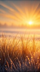 Golden sunrise illuminating tall grass with soft light rays and a hazy horizon in a peaceful landscape