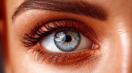 Obraz premium A captivating close-up of a human eye with detailed makeup. The iris, beautifully light blue, is accentuated by dark lashes and matching eyeshadow.