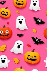 Naklejka premium Colorful Halloween Background with Pumpkins, Ghosts, and Bats
