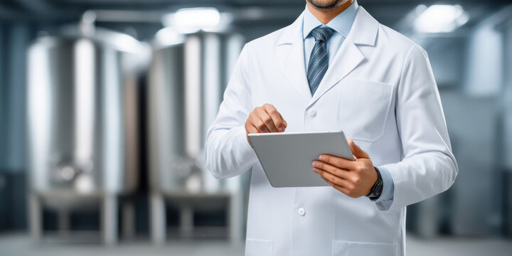 Food tech scientist in lab holding tablet with stainless tanks and neutral expression