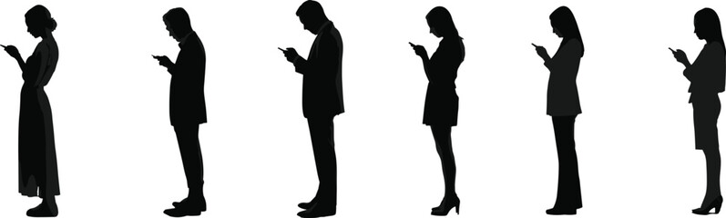 Black Silhouette Set of People Using Mobile Phones, Standing Profile View, Representing Digital Communication, Addiction, and Technology Usage