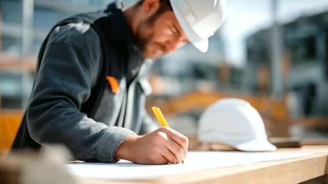Construction foreman marking blueprint at site hammering workers spread on truck hood nearby hard hat rising suburb. Gritty photo with paper creases hammer marks housing prog
