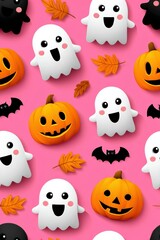Fototapeta premium Colorful Halloween Pattern with Ghosts, Pumpkins, and Bats on Pink