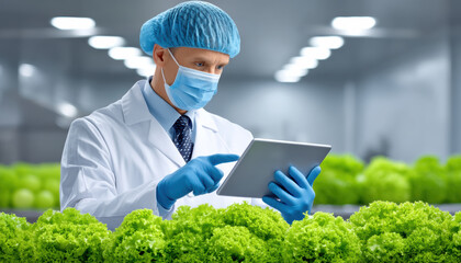 Scientist checks food tech tablet in greenhouse smiling healthily